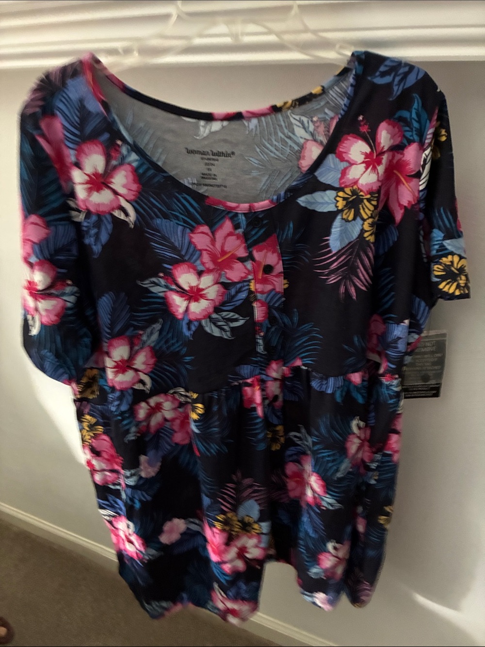 Woman Within Navy Floral Scoop-Neck Baby Doll top with Pink & Blue Blooms
